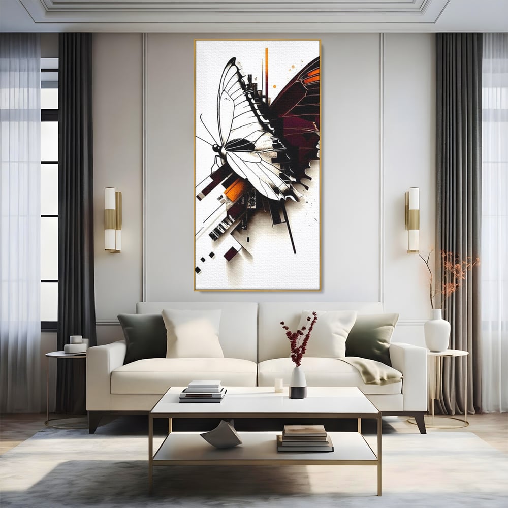 Tablou canvas cu ilustratie digitala cu fluture si linii geometrice, in rama de aluminiu auriu, pe perete intr-un living